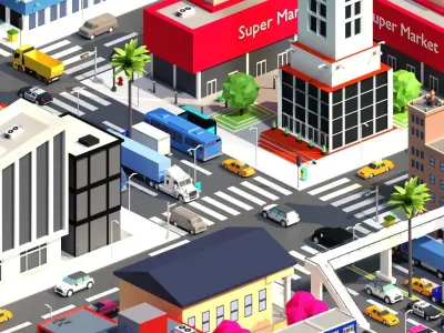 Low Poly City building with windows and balconies Low-poly 3D model