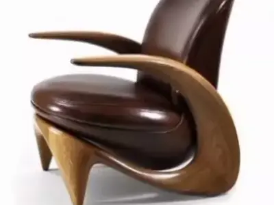 Sculptural Leather Chair Curved Wood Brown Leather Armchair 3D  Low-poly 3D model