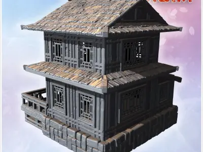 Two-story house with balcony intricate lattice windows and decor 3D print model