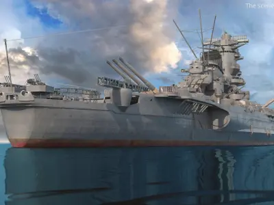  Japanese Battleship Yamato with Raised Guns on Water 