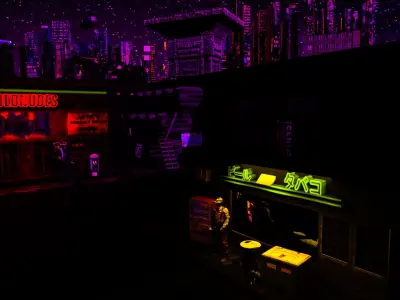 Cybertopia neon lit street at night Free 3D model