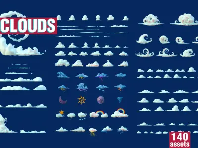 Stylized Cartoon Clouds and Weather Icons pack 140 assets Low-poly 3D model