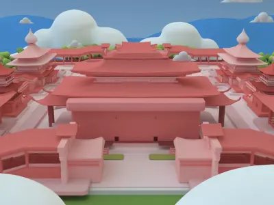 Low poly Chinese architecture with interior Low-poly 3D model