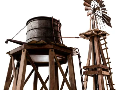 Western Windmill Farm Set Low-poly 3D model