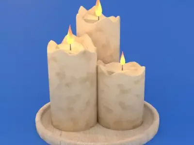 Candle three candles on wooden tray Low-poly 3D model