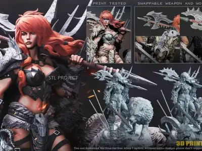 Barbarian statue of woman and wolf 3D print model