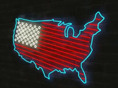 3D NEON USA FLAG AND MAP Low-poly 3D model