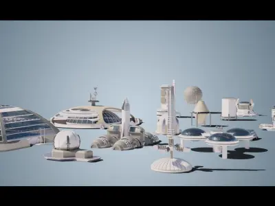 Stylized Space Buildings Colony Low-poly 3D model