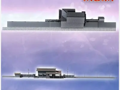 Asian passenger station with large tile building and wooden barr 3D print model