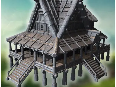 Elevated rustic wooden house with detailed porch steep stairs an 3D print model
