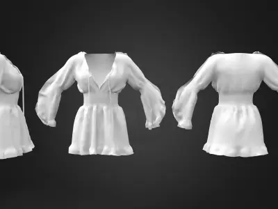 Trumpet Sleeve Flouncing Tunic Dress Low-poly 3D model