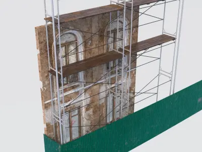  Wall with windows and fence of an old house Low-poly 3D model Low-poly 3D model