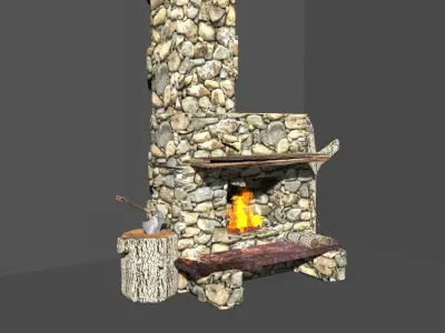 medieval stone fireplace old stove Low-poly 3D model