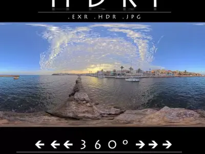 Mediterranean Marina Sunset  360 HDRI Sky and Seaside Village Low-poly 3D model