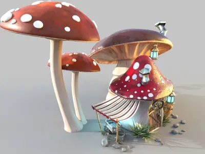 Mushroom house subdivision and  Low-poly 3D model