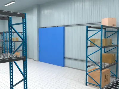  Cold Logistics Zone with Steel Shelves and Blue Wall Door 
