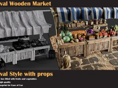 Medieval Wooden Market Pack  Set 1 With Props 3D model