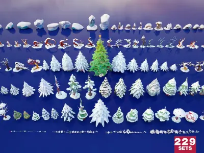 Stylized Snow-Covered Winter Nature Tree Bush Rock Low-poly 3D model