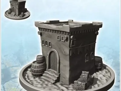 Medieval house on pedestal with flat roof and exterior accessori 3D print model