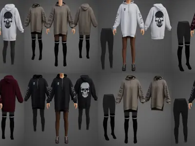 Goth Oversized Sweatshirts Fishnet Leggings Socks Outfit Set 3D Model Pack