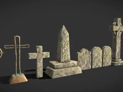 Tombstone collection group of gravestones and crosses Low-poly 3D model