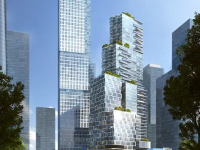 Modern Riverfront Cityscape with Mixed-Use Glass Skyscraper 3D model