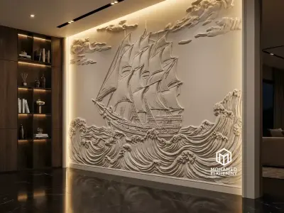 Modern Nautical Relief Panel Wall Decor Set STL Mural CNC 346 3D model