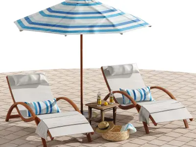 Beach umbrella and chaise longue set 4 3D model