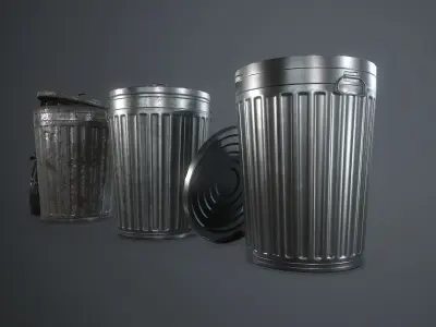 Metal Trash Can with Garbage Bags Low-poly 3D model