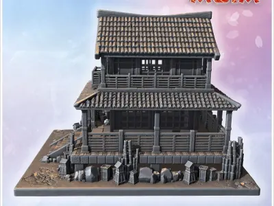 Two-story wooden Japanese house with tiled roof balcony and ston 3D print model