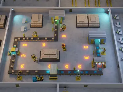 Sci fi factory with conveyor line and robotic arms  animation Low-poly 3D model