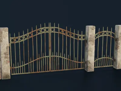 Stone wall with a gate Low-poly 3D model