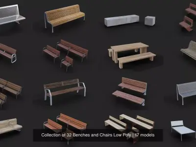 Collection of 32 Benches and Chairs Low Poly 3D Model Pack