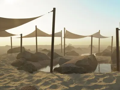 Shade Canopyvs rocks and sand vs rotang table and stool 3D model