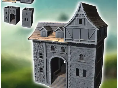 Medieval stone building with concave roof and central staircase  3D print model