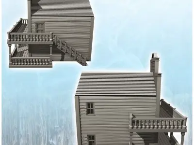 Western bank building with stairs and balcony 4 - Cowboy USA Ame 3D print model