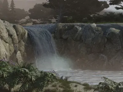 Lush green forest with waterfall and fog Low-poly 3D model