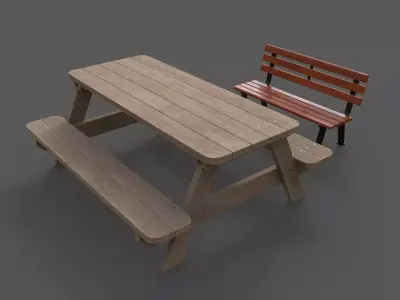 PBR Picnic Table Park Bench Low-poly 3D model