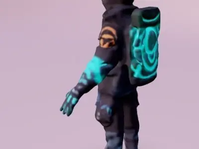 Futuristic character in a hooded jacket with glowing neon lines 3D model