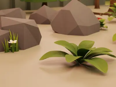 Low Poly Cartoon Trees Grass Plants and Rocks Low-poly 3D model
