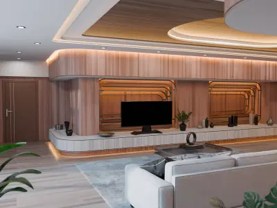 Modern Curved Wooden Living Room 3D model