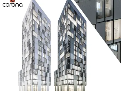 Modern residential building 08 at night with interiors 3D model