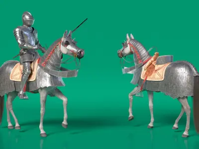  Horse in Medieval Armor with Knight Rider Fur 