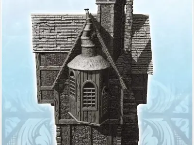 Large medieval manor with suspended room zigzagging roof and chi 3D print model