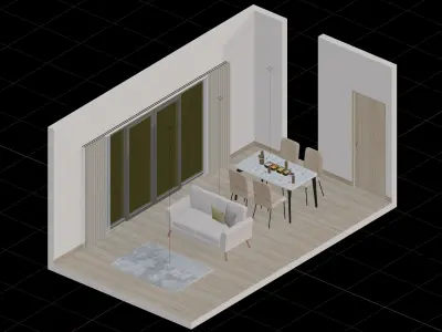 Isometric Dining Living Room With Wooden Floor 3D model