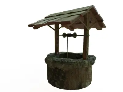 waterwall water well with wooden roof Low-poly 3D model