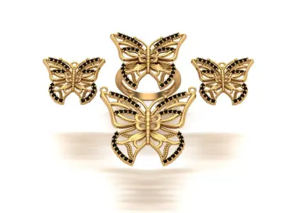 Jewelry gold butterfly ring set 3D print model