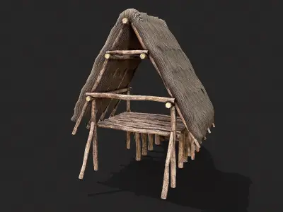 Primitive Wooden Shelter with Thatch Roof 4 Low-poly 3D model