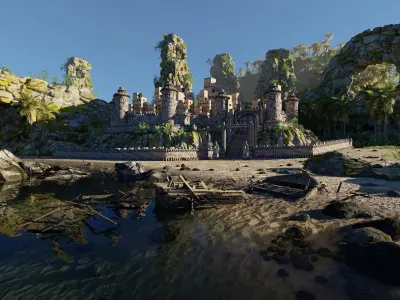 Island Castle Beach Scene 3D model