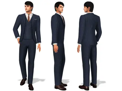 Mens Navy and White Striped Business Suit Jacket Trousers Shoe Low-poly 3D model